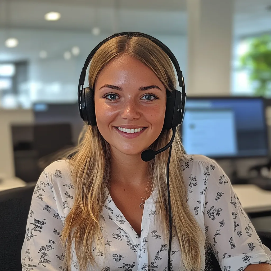 Receptionist with a headset taking notes during a customer call
