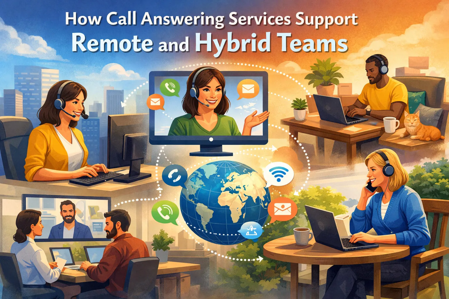 Receptionist working from home with a headset, transferring a call to a remote team member